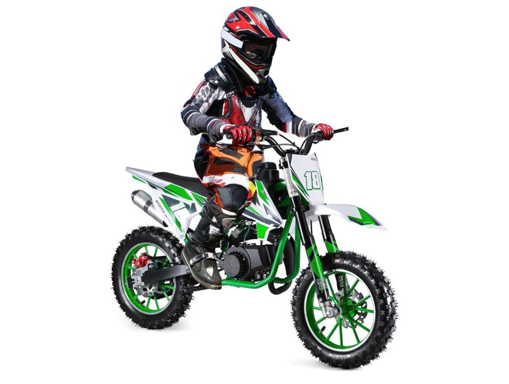 Young rider on youth pit bike in green and white